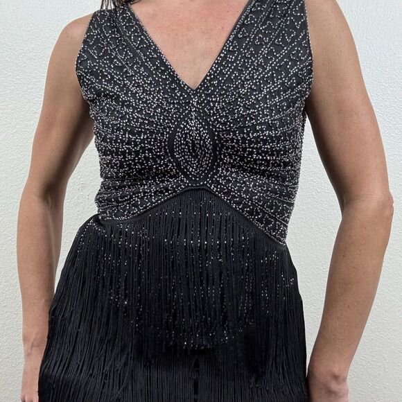 Unique Vintage Retro 1920s Fringe Beaded Mini Flapper Dress Black Silver Small - Picture 3 of 16